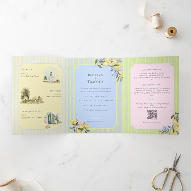 Citrus Blue Watercolor Illustration Wedding Tri-Fold Invitation (Inside)
