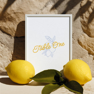 Citrus Blue & Yellow Lemon Wedding Table Number