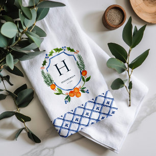 Citrus Botanical Christmas   Family Name Monogram Tea Towel