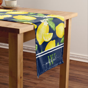 Citrus Botanical Lemon Elegant Monogram Navy Long Table Runner