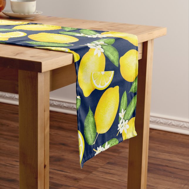 Citrus Botanical Lemon Navy Blue Long Table Runner (In Situ)