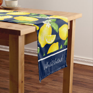 Citrus Botanical Lemon Personalize Navy Blue Long Table Runner