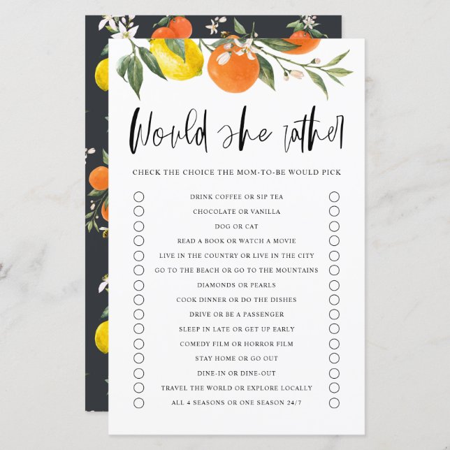 Citrus Botanical Would She Rather Baby Shower Game (Front/Back)