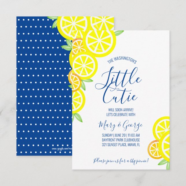 CITRUS boy or girl BABY SHOWER blue lemon Invitation (Front/Back)