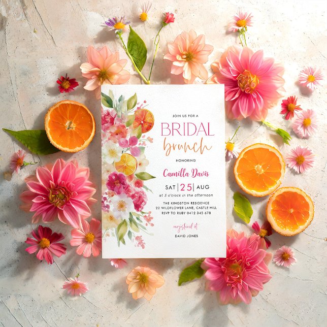 Citrus Bridal Brunch, Bright Floral Mediterranean Invitation (Bright Floral Citrus Orange Bridal Shower Invitation Mediterranean Bridal Brunch)