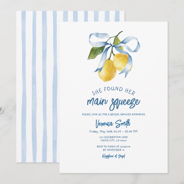 Citrus Bridal Shower Blue Bow Italy Theme Invite  (Front/Back)