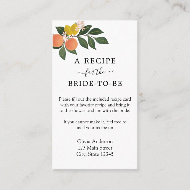 Citrus Bridal Shower Recipe Request Enclosure Card (Front)