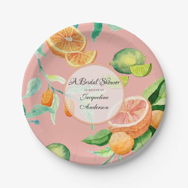 Citrus Bridal Shower Tea Party Orange Pink Leaf Paper Plate (Front)
