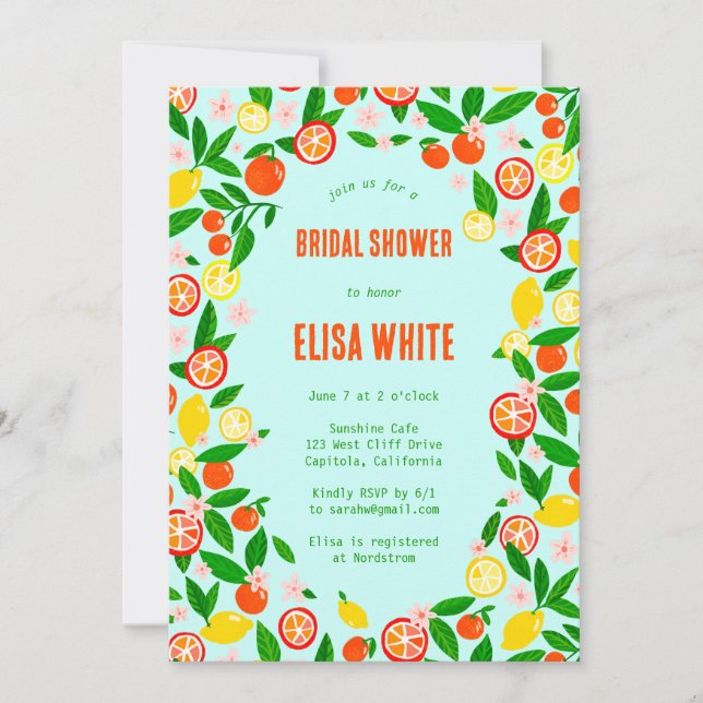 Citrus Celebration CUSTOM QR Summer BRIDAL SHOWER Invitation (Front)