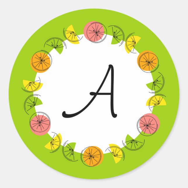 Citrus Circle Green Monogram sticker round (Front)