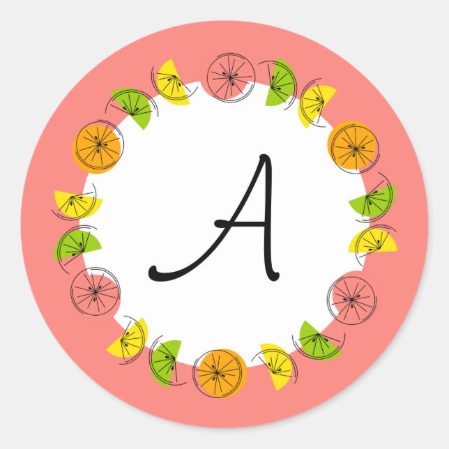 Citrus Circle Pink Monogram sticker round (Front)