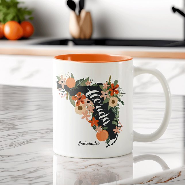 Citrus Floral Florida State Silhouette & City Name Two-Tone Coffee Mug (Creator Uploaded)