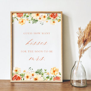 Citrus Floral How Many Kisses Bridal Shower Game Poster