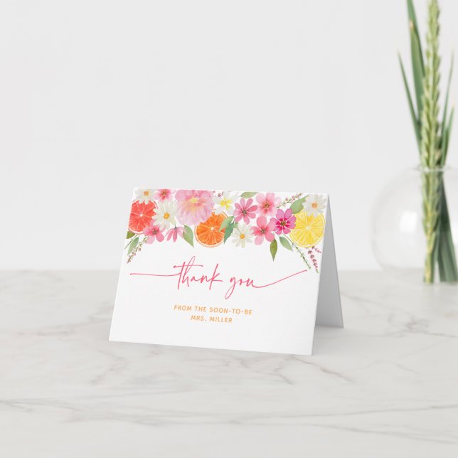Citrus Floral Lemon Orange Bridal Shower Thank You Card (Front)