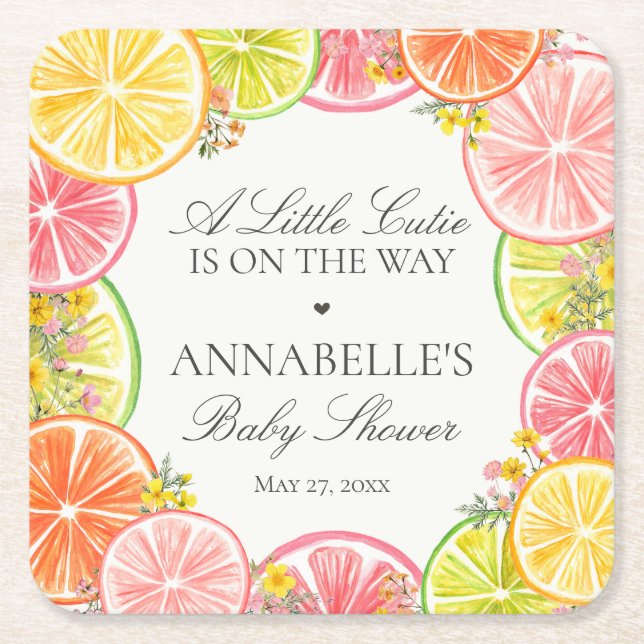 Citrus Floral Little Cutie Baby Shower Table Square Paper Coaster (Front)