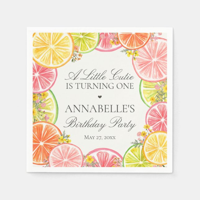 Citrus Floral Little Cutie Birthday Party Table Napkin (Front)