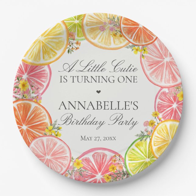 Citrus Floral Little Cutie Birthday Party Table Paper Plate (Front)