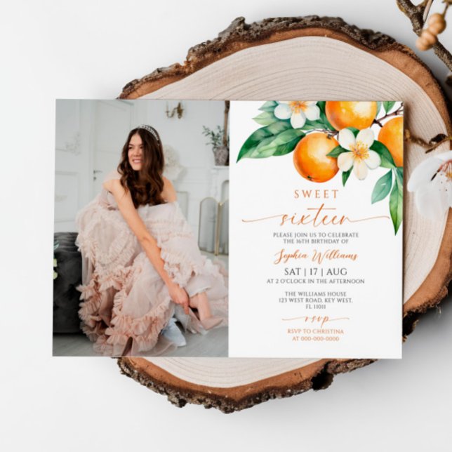 Citrus Floral Photo Sweet 16 Birthday Invitation (Creator Uploaded)