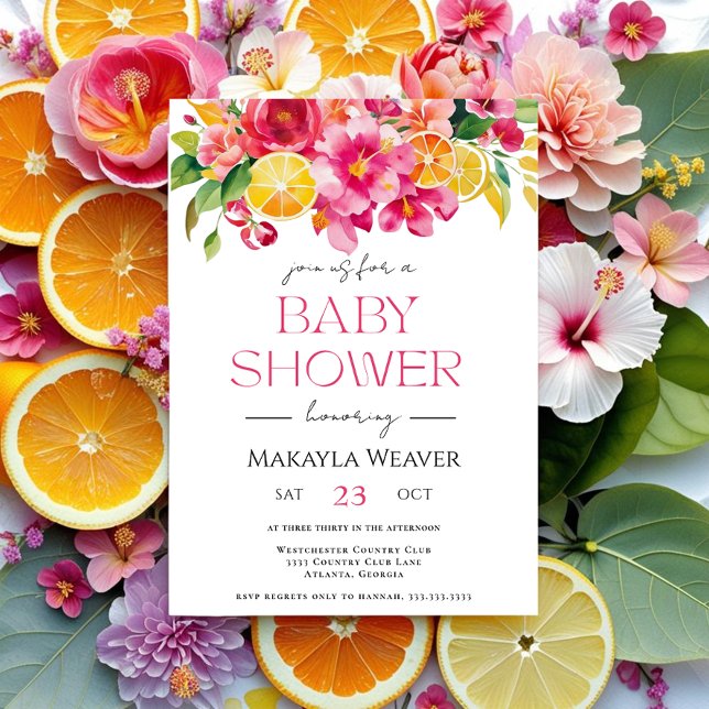Citrus Floral Pink  Orange cutie Lemon Baby Shower Invitation (Creator Uploaded)