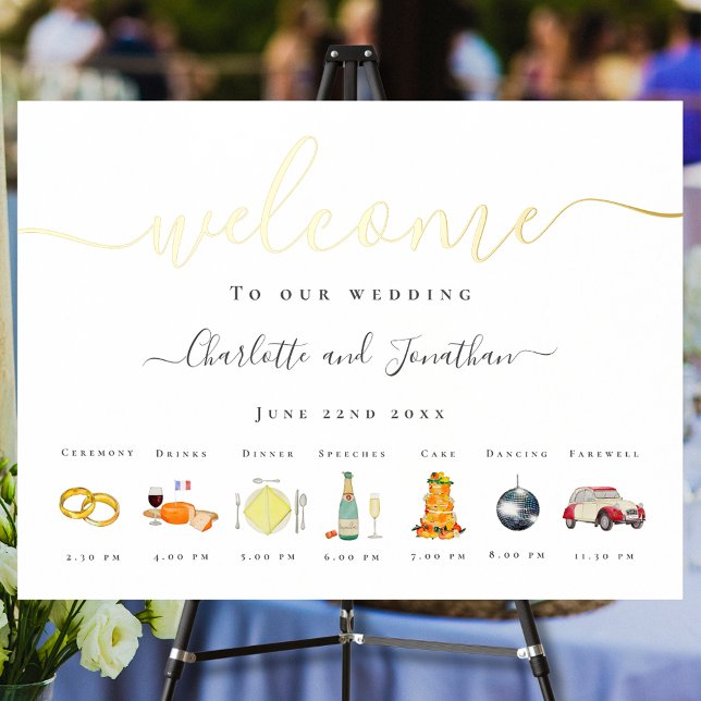 Citrus French Wedding Timeline Gold Foil Foil Prints (French citrus wedding timeline chart gold foil watercolor poster)