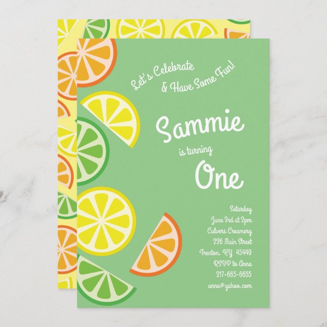 Citrus Fruit Colourful 1st Birthday Invitations (Front/Back)