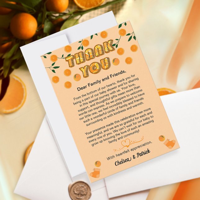 Citrus Fruit Cutie Orange Peach Baby Shower Modern Thank You Card (Creator Uploaded)