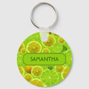 Citrus Fruit, Lemon & Lime Pattern - Personalised Key Ring