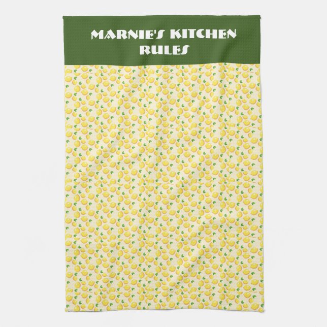 Citrus fruit, lemons, green background editable  tea towel (Vertical)