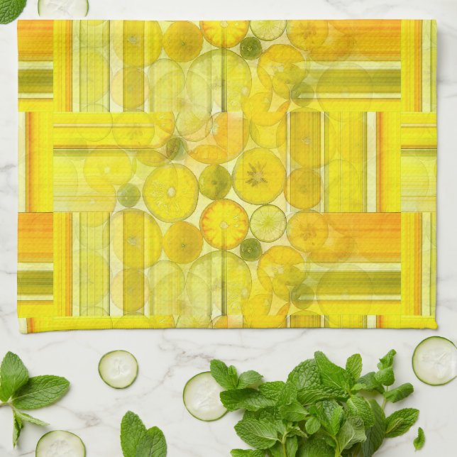 Citrus Fruit Slices Patchwork Woven Pattern Tea Towel (Folded)