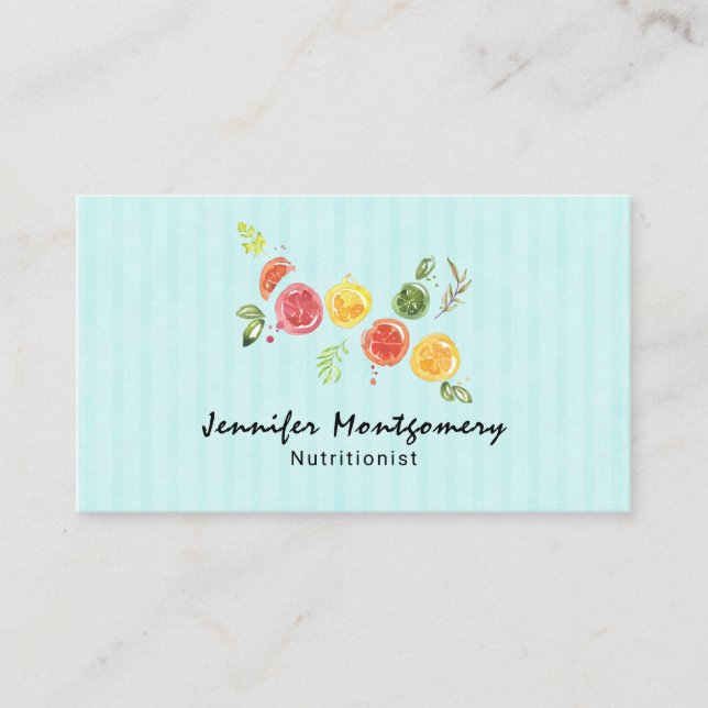Citrus Fruits in Watercolor on Striped Pattern Business Card (Front)