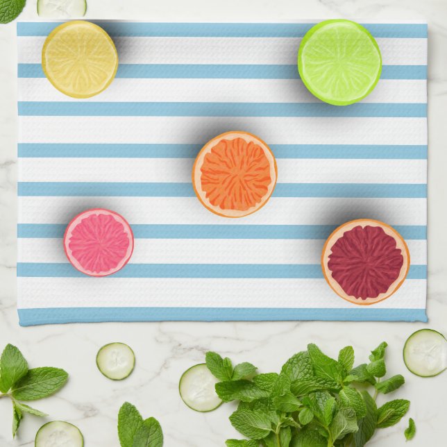 Citrus Fruits on Baby Blue Stripes Pattern Tea Towel (Folded)