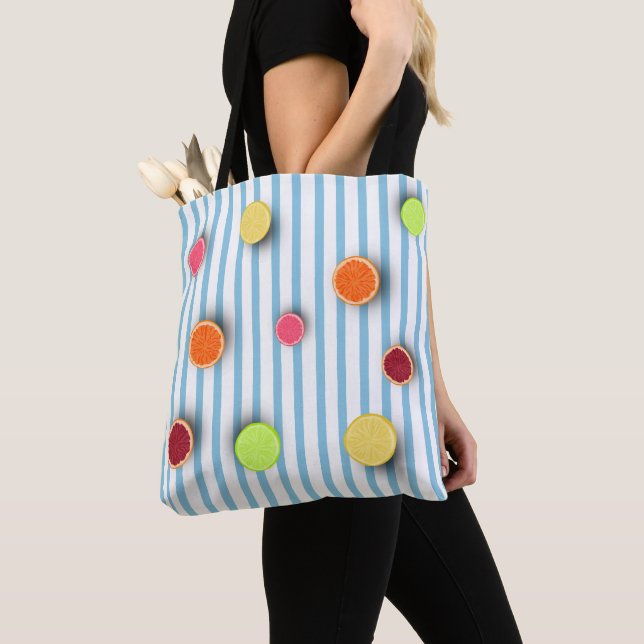 Citrus Fruits on Baby Blue Stripes Pattern Tote Bag (Close Up)