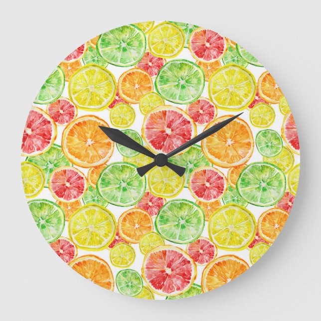 Citrus fruits: vibrant three-colour watercolor pat large clock (Front)