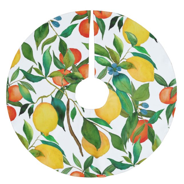 Citrus fruits, vibrant watercolor pattern. brushed polyester tree skirt (Front)