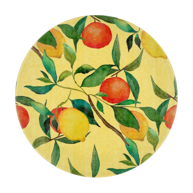 Citrus fruits, vibrant watercolor pattern. cutting board (Front)