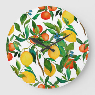 Citrus fruits, vibrant watercolor pattern. large clock