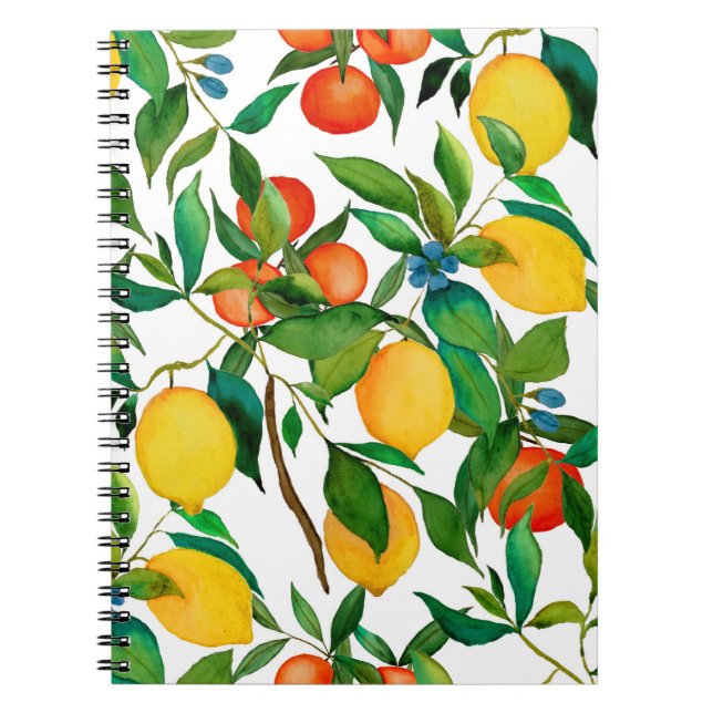 Citrus fruits, vibrant watercolor pattern. notebook (Front)