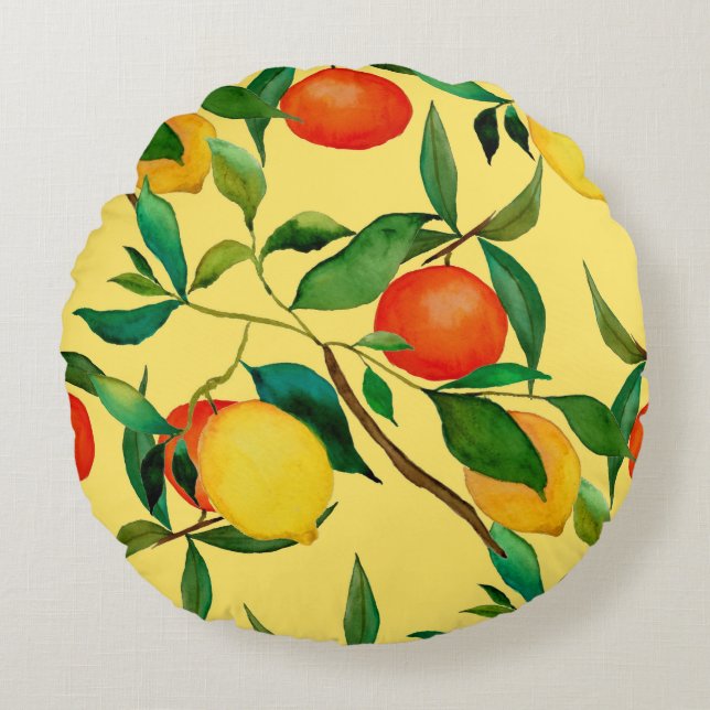 Citrus fruits, vibrant watercolor pattern. round cushion (Front)