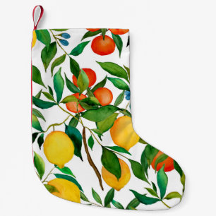 Citrus fruits, vibrant watercolor pattern. small christmas stocking