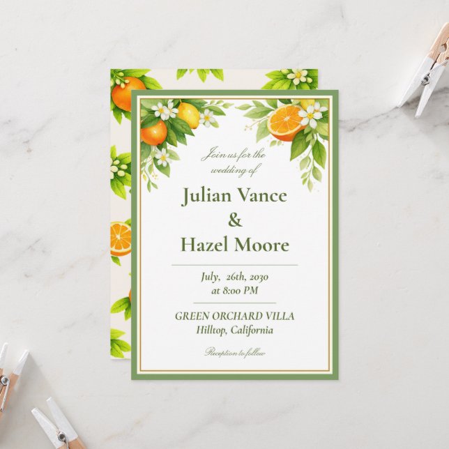 Citrus Garden Orange & Lemon Wedding Invite (Front/Back In Situ)