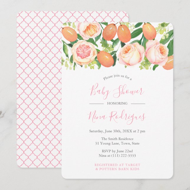 Citrus Garden Roses Quatrefoil Girl Baby Shower Invitation (Front/Back)