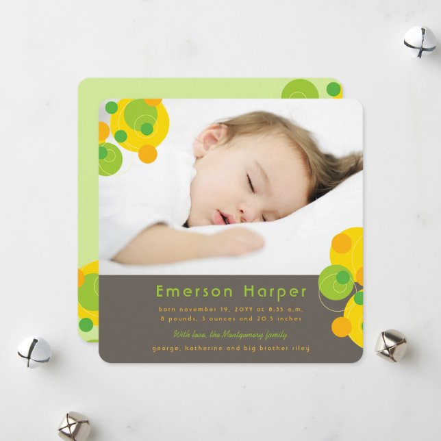 Citrus Green Bubbly Retro Circles Baby Boy Photo Holiday Card (Front/Back In Situ)