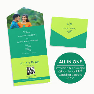Citrus Green Modern Photo QR Code Wedding All In One Invitation