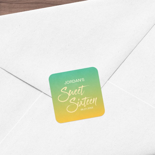 Citrus Green & Orange Gradient Sweet 16 Birthday Square Sticker (Creator Uploaded)