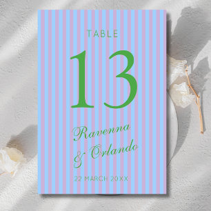 Citrus Green Retro Blue Pink Stripe Wedding Table Number