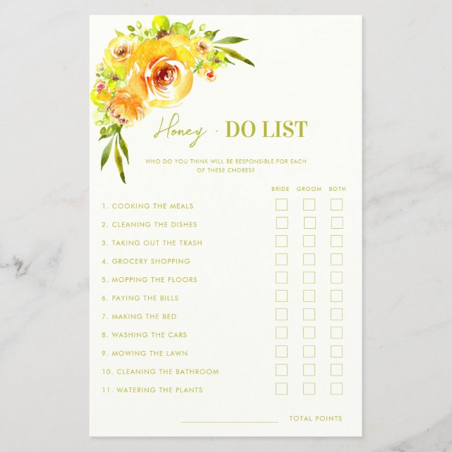 Citrus Green Yellow Floral Honey Do List Game (Front)
