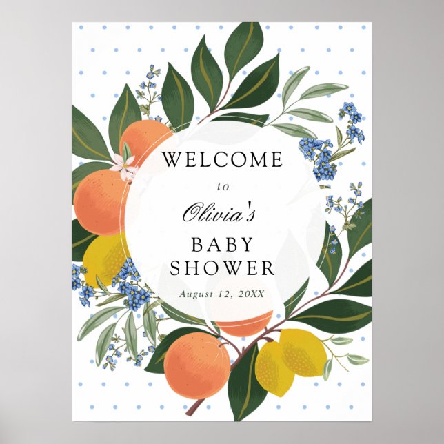 Citrus Greenery Blue Baby Shower Welcome Sign (Front)