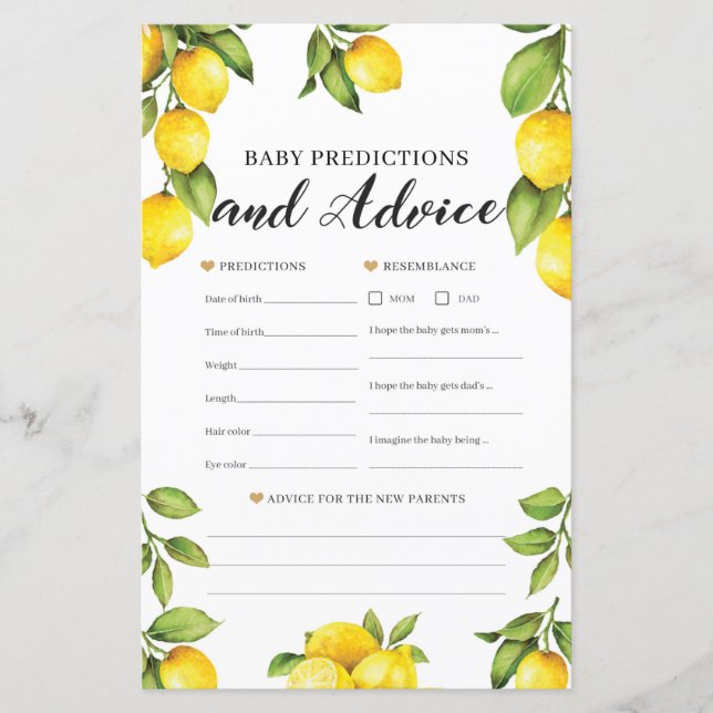 Citrus Lemon Baby Predictions and Advice Game (Front)