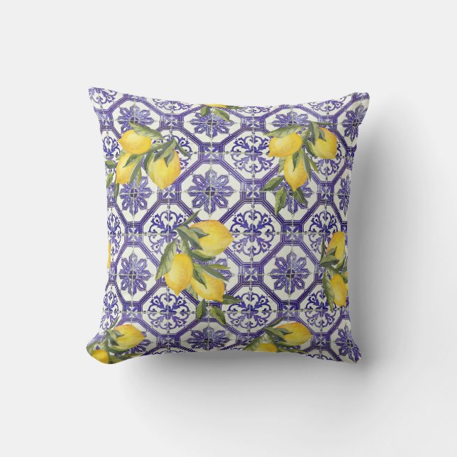 Citrus Lemon Blue Portuguese Tile Mediterranean Cushion (Front)