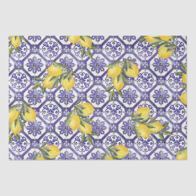 Citrus Lemon Blue Portuguese Tile Mediterranean Tissue Paper (Front)